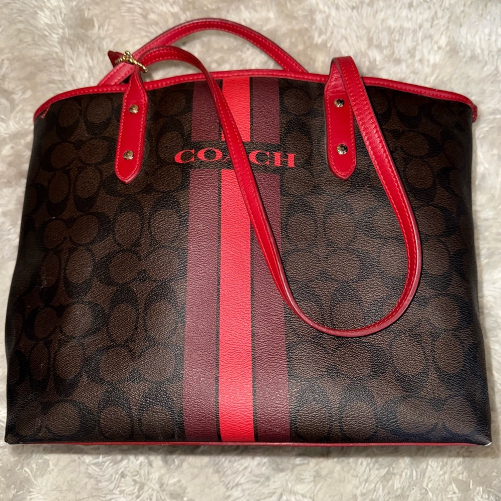 Coach Red and Brown Striped Tote